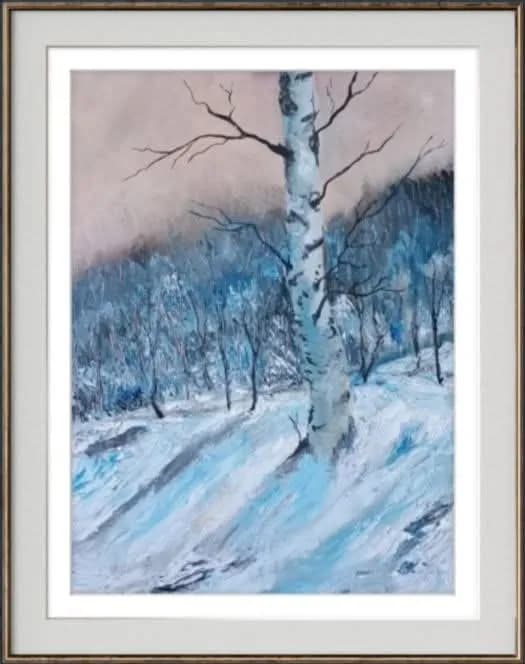 Whispers of Winter: A Serene Birch Landscape in Frosted Blues