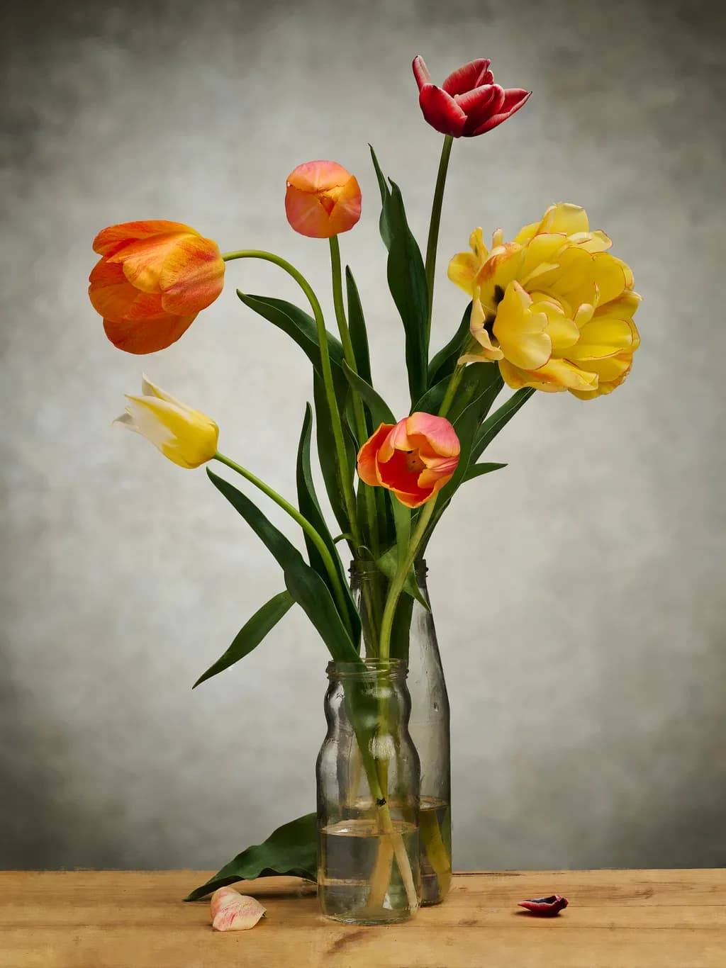 Vibrant Tulip Symphony: A Floral Dance in Glass Bottles