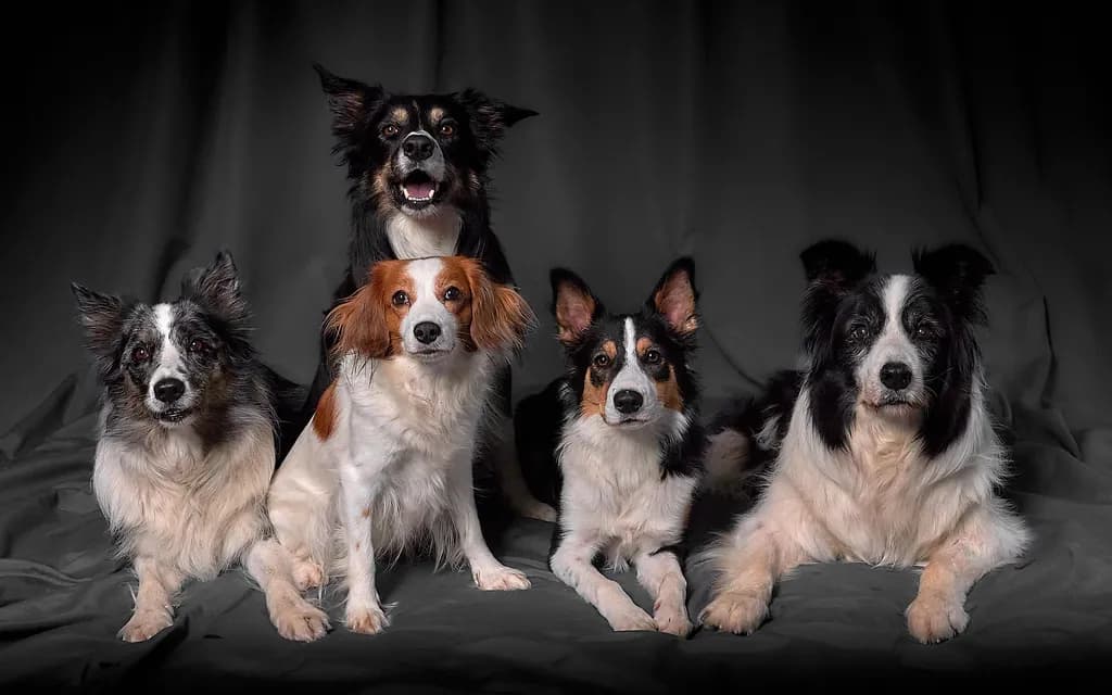 Whimsical Canine Ensemble: A Portrait of Five Loyal Companions