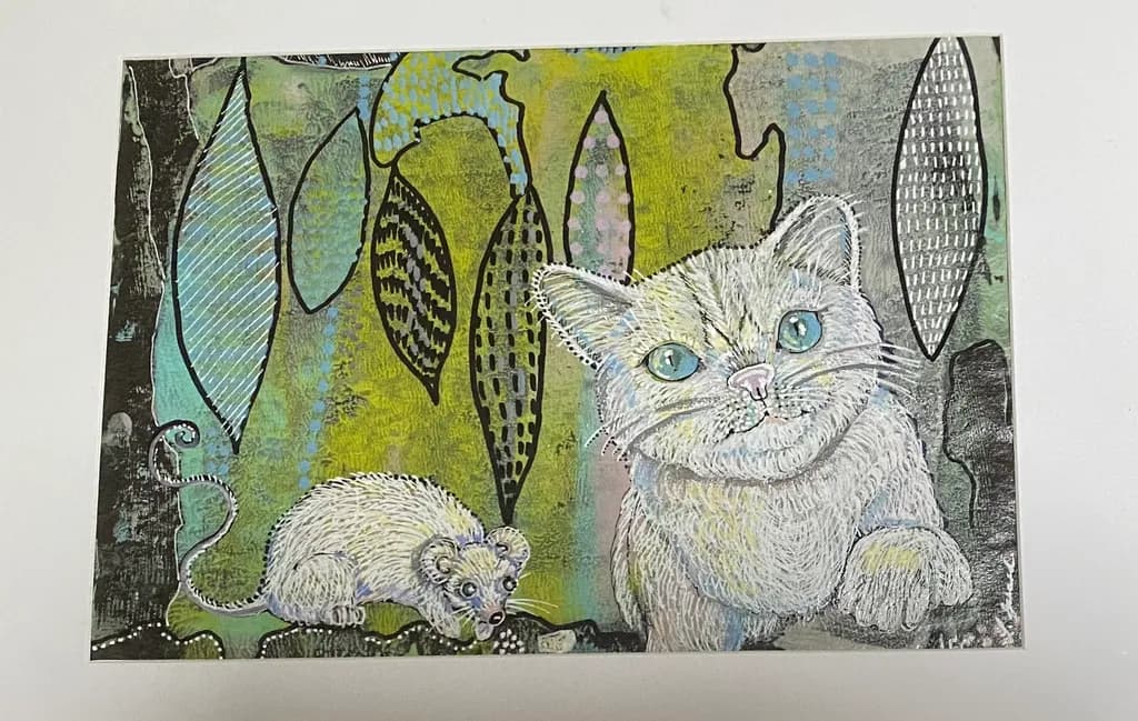 Whimsical Whiskers: A Playful Cat and Mouse Encounter in Vibrant Colors