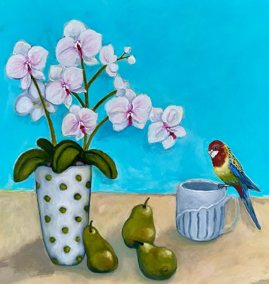 Whimsical Harmony: Orchids, Pears, and a Colorful Bird in a Serene Blue Setting