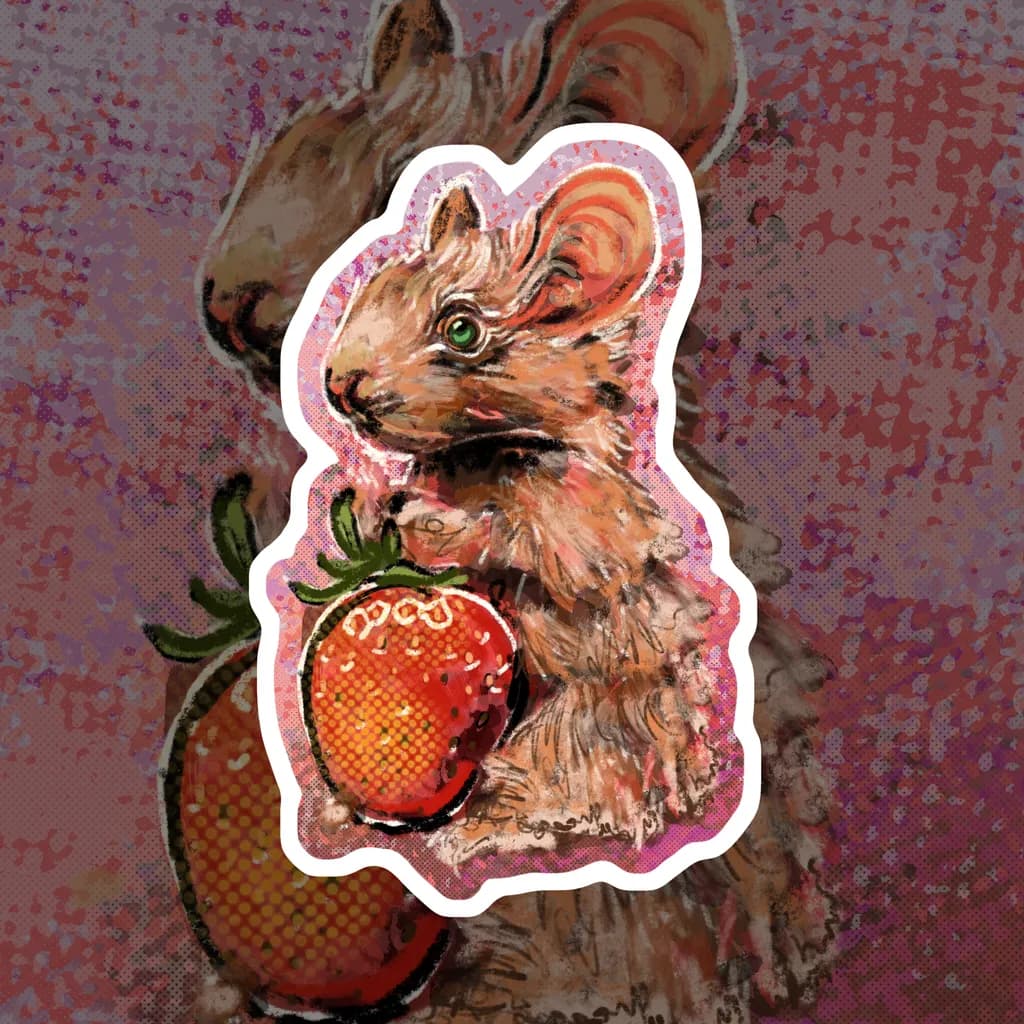 Whimsical Bunny Embracing a Juicy Strawberry: A Playful Art Piece