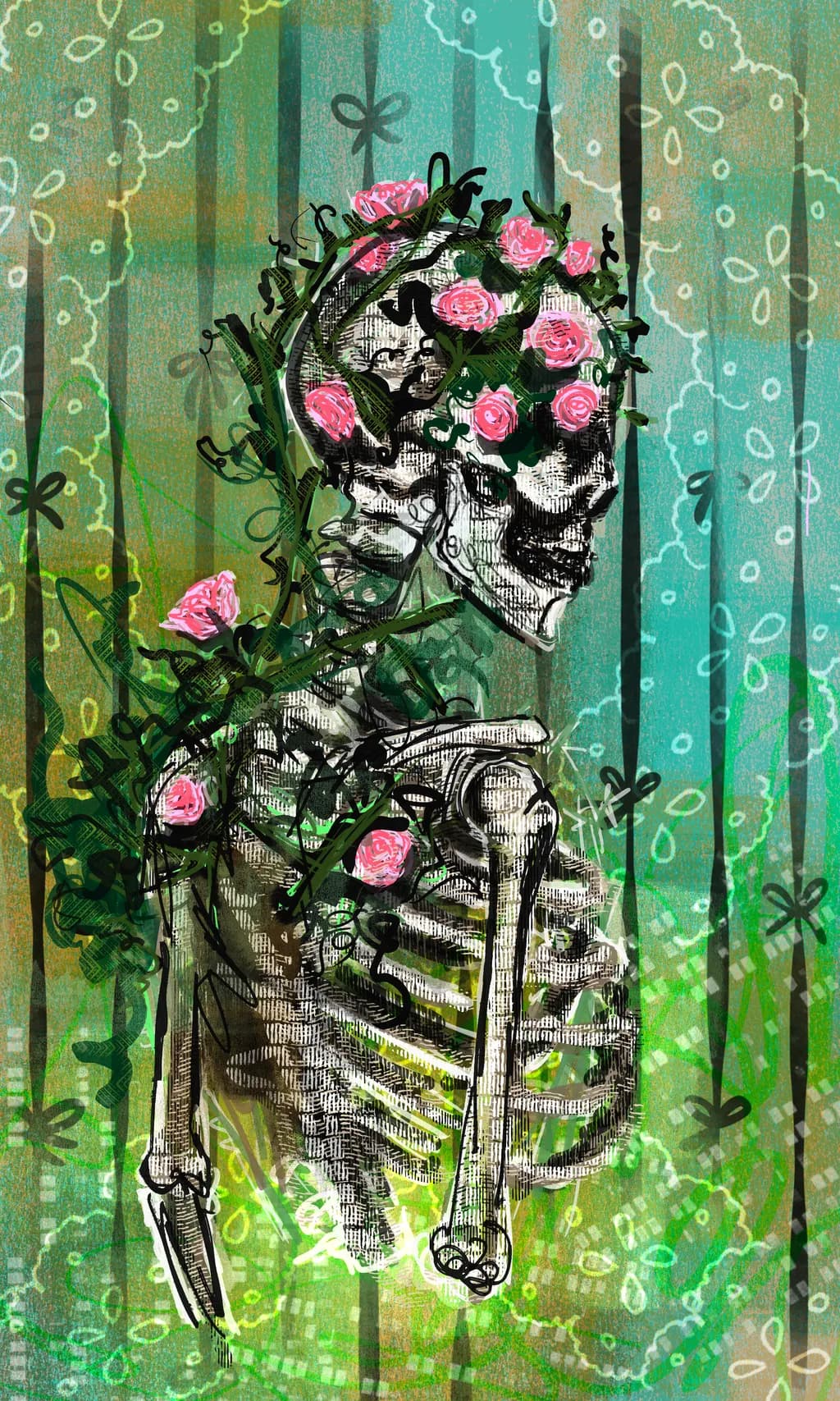 Whispers of Life: A Floral Embrace of the Skeleton's Spirit