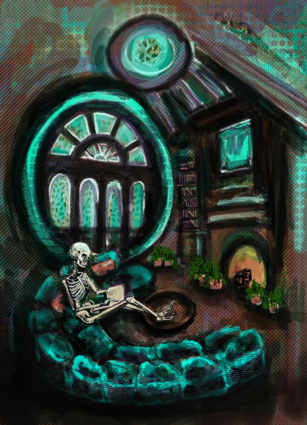 Ethereal Reflections: A Skeleton's Solitude in a Dreamlike Abode