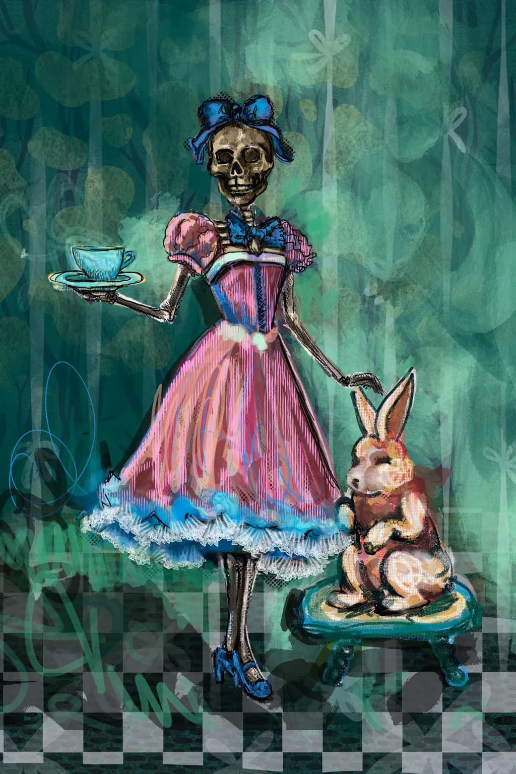 Whimsical Tea Party: A Skeleton's Delight with a Charming Rabbit Companion