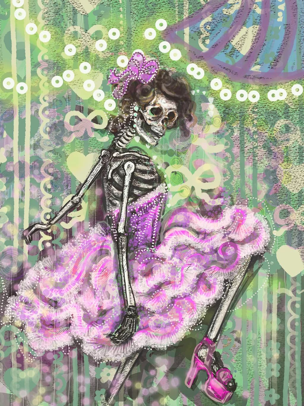 Whimsical Elegance: A Skeleton's Dance in Pink Tulle and Sparkles