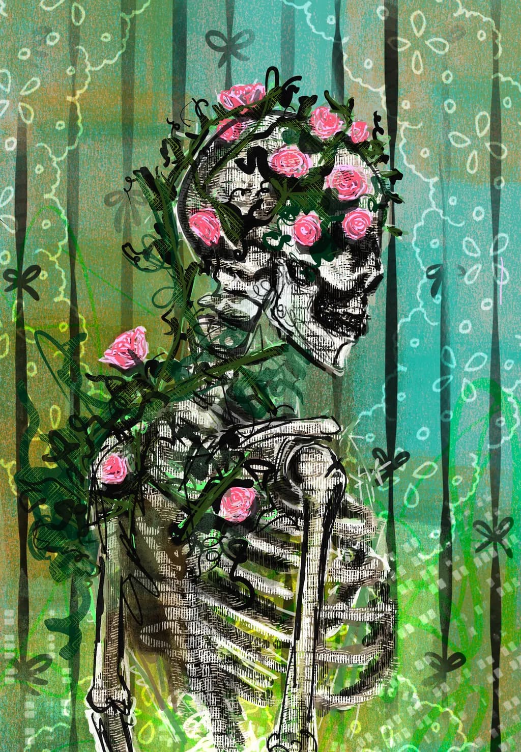 Whispers of Life: A Floral Embrace of the Skeleton's Spirit