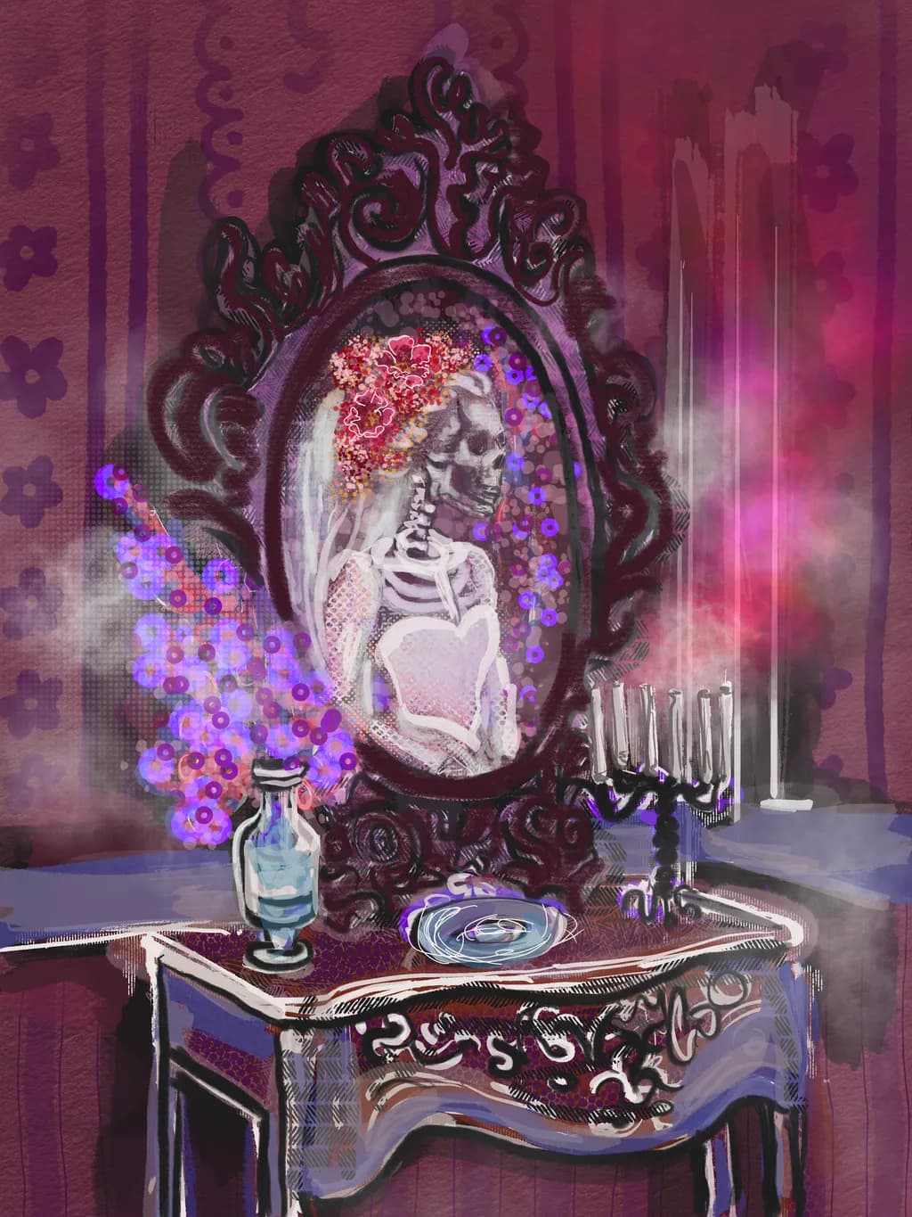 Reflections of Eternity: A Skeleton's Elegy in a Floral Mirror Frame