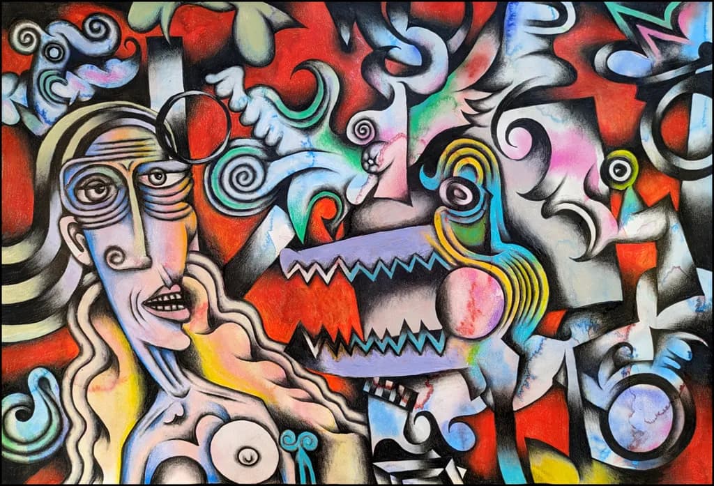 Vibrant Chaos: A Surreal Dance of Faces and Forms