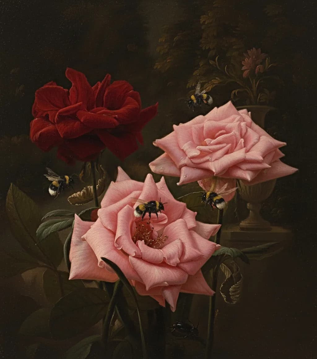 Whispers of Nature: A Dance of Roses and Bees in Timeless Harmony