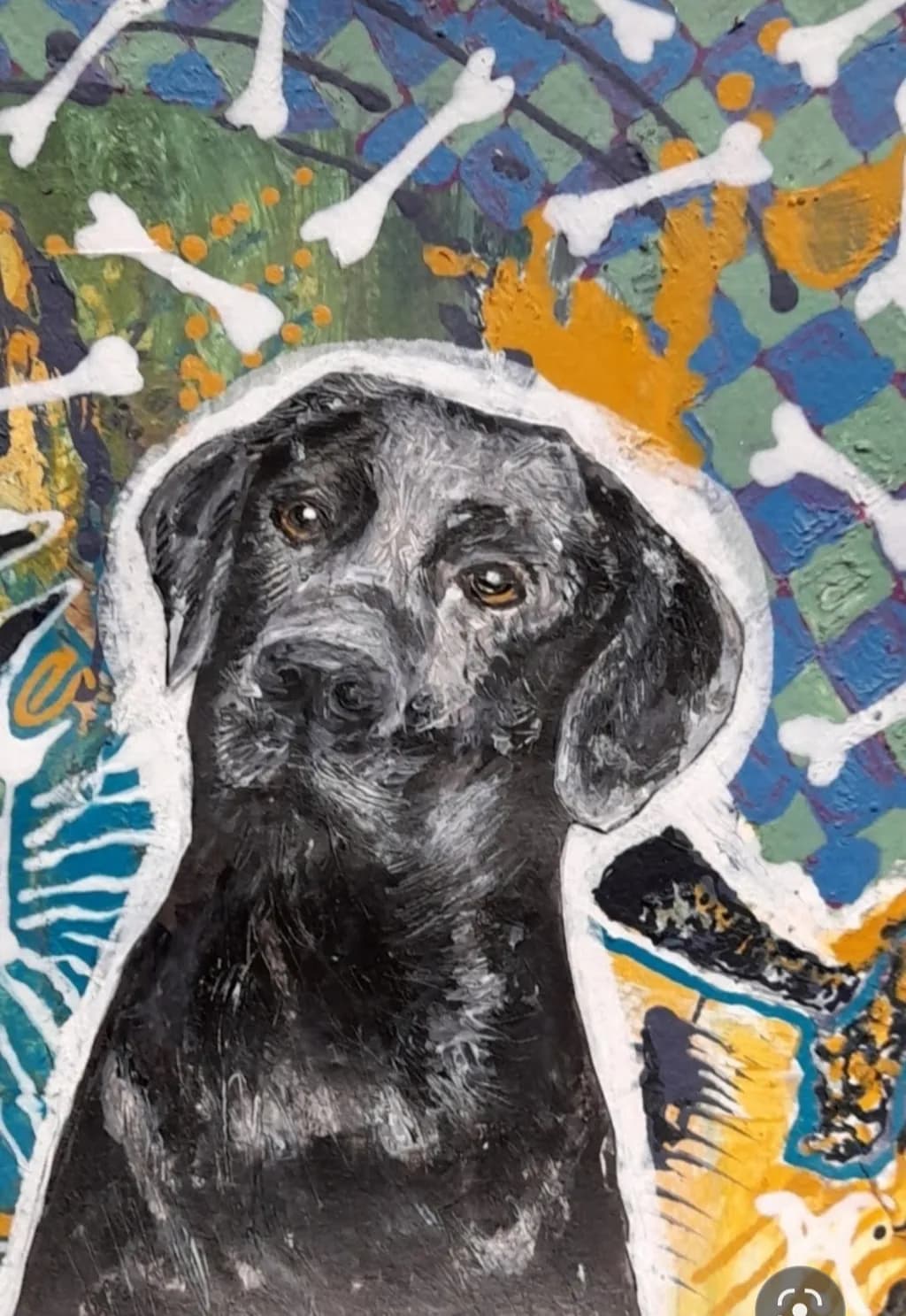 Whimsical Whiskers: A Playful Portrait of a Black Lab Amidst Colorful Patterns and Bones