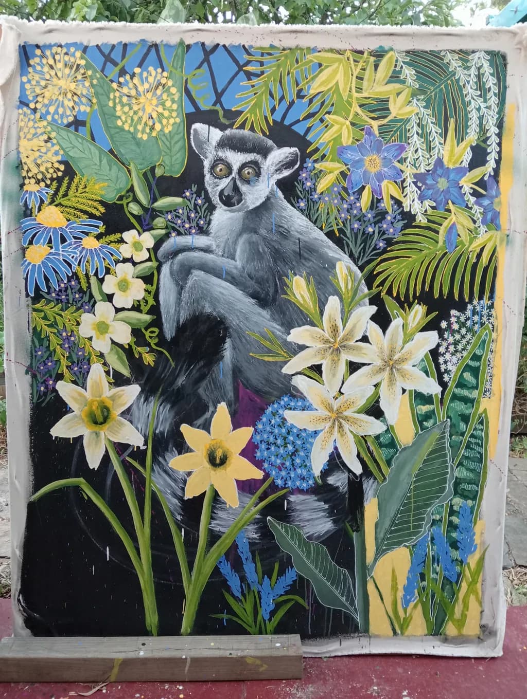 Whimsical Lemur Amidst Vibrant Flora: A Tropical Serenade in Colorful Harmony