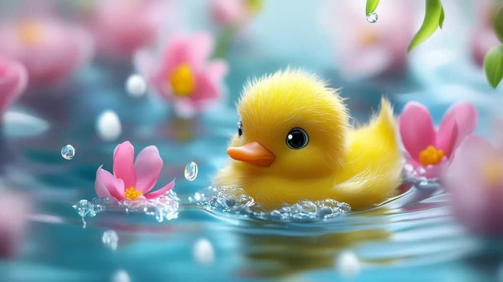 Whimsical Serenity: A Playful Duckling Amidst Blossoming Water Lilies