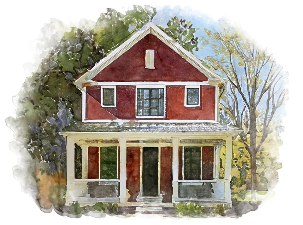 Charming Red Homestead: A Watercolor Tribute to Timeless Architecture