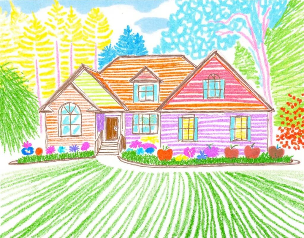 Whimsical Home in Vibrant Colors: A Cheerful Landscape Illustration