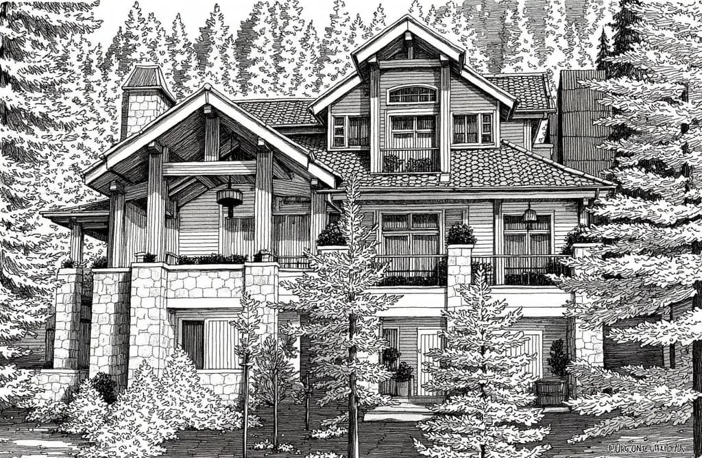 Charming Mountain Retreat: A Detailed Ink Illustration of a Cozy Home Surrounded by Nature