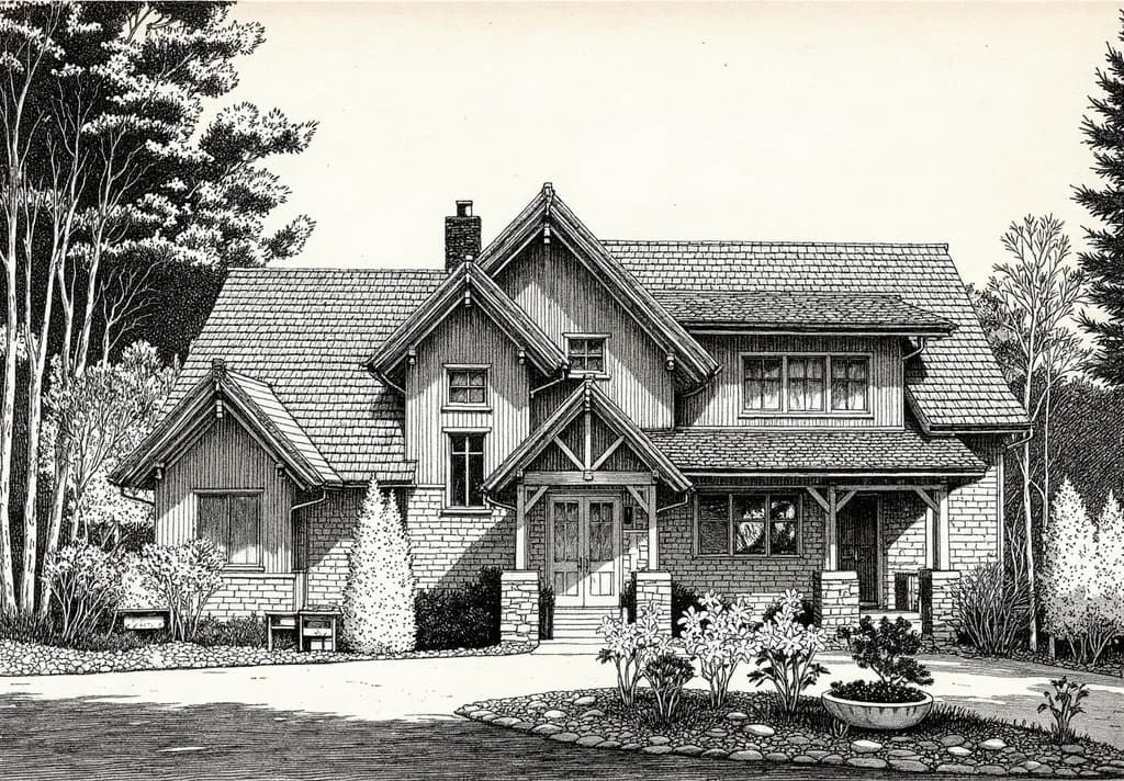 Charming Woodland Retreat: A Detailed Architectural Illustration of a Cozy Home