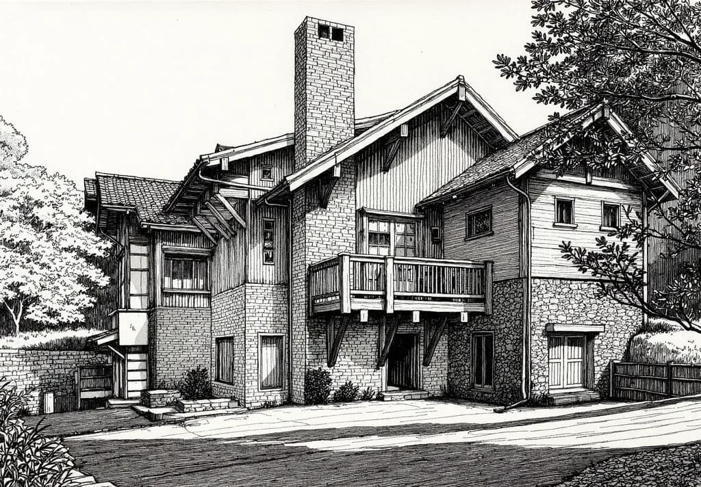 Charming Architectural Sketch: A Serene Landscape Home Design in Ink and Detail