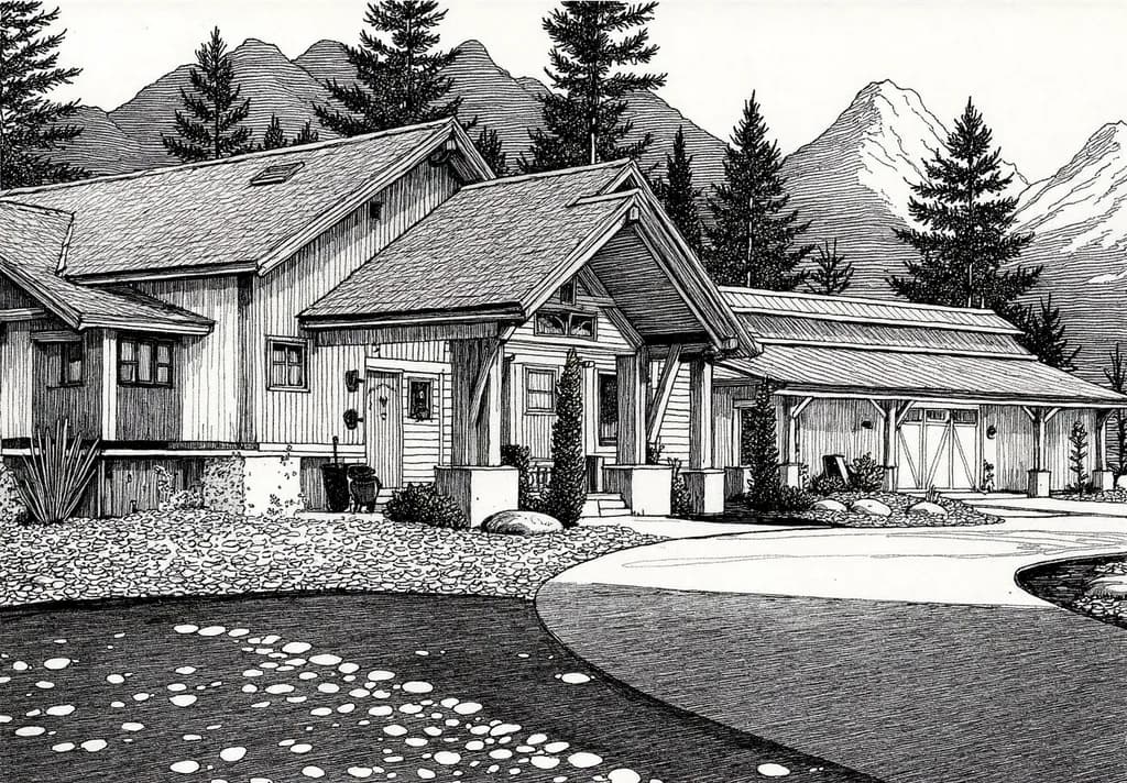 Serenity in Structure: A Harmonious Blend of Nature and Architecture in Ink Illustration