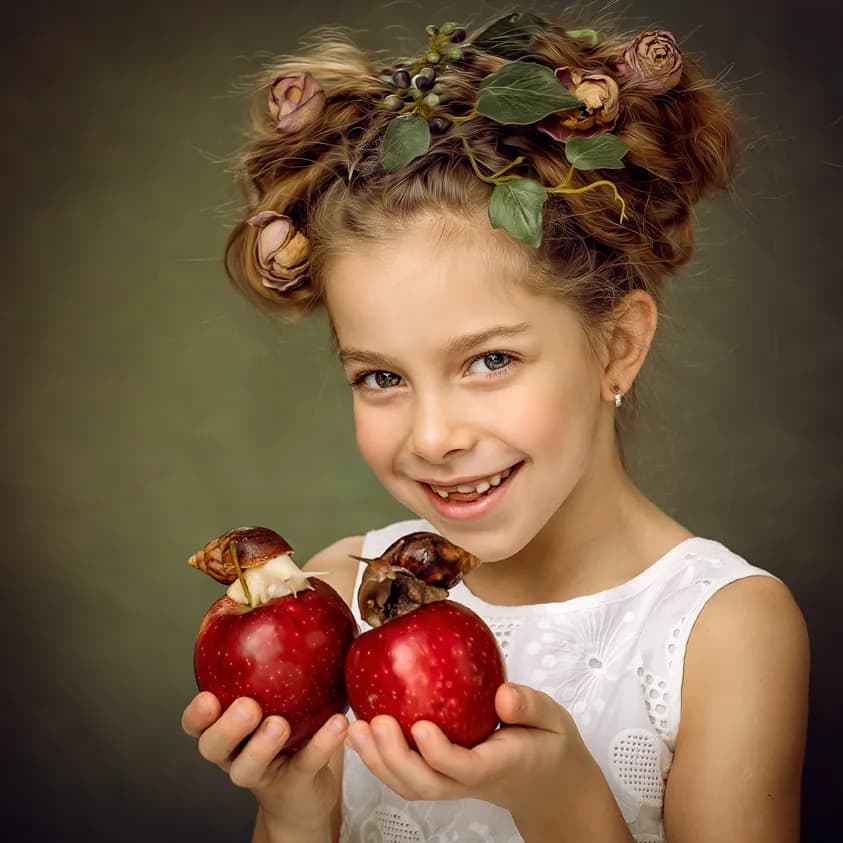 Whimsical Delight: A Young Girl's Joyful Embrace of Nature's Bounty with Snails and Apples