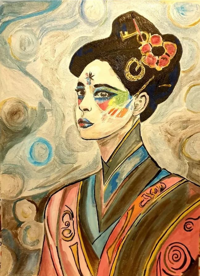 Whispers of Color: A Modern Geisha's Portrait in Expressionistic Elegance