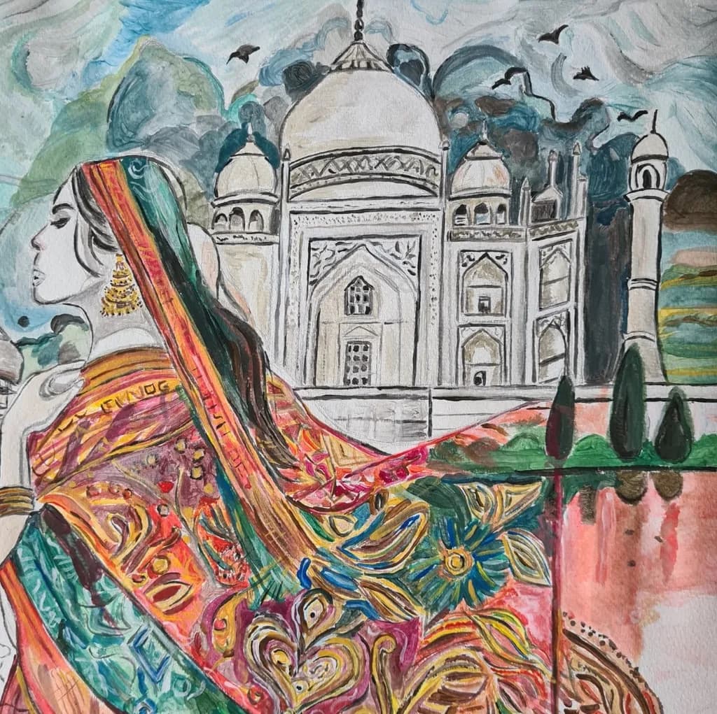 Ethereal Elegance: A Woman in Vibrant Attire Against the Majestic Taj Mahal Backdrop