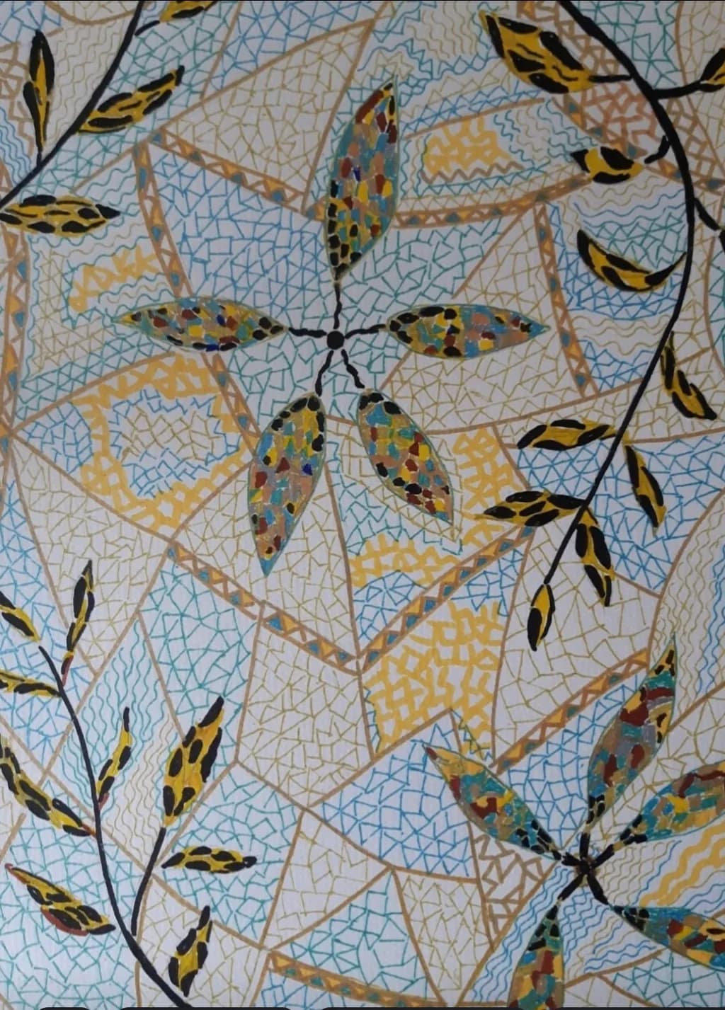 Whimsical Mosaic: A Dance of Leaves and Patterns in Soft Hues