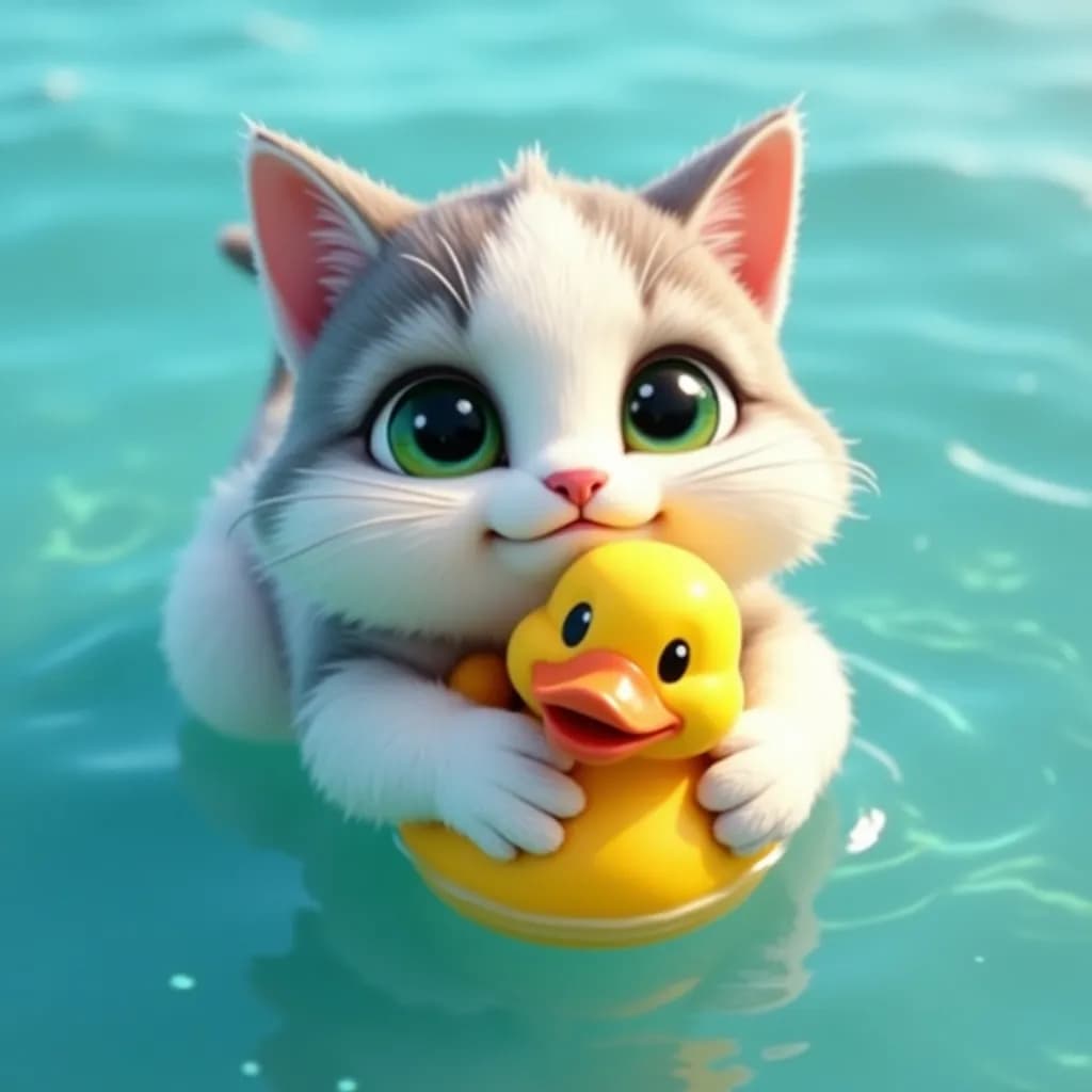 Whimsical Waters: Adorable Kitten Embracing a Rubber Duck in a Serene Pool
