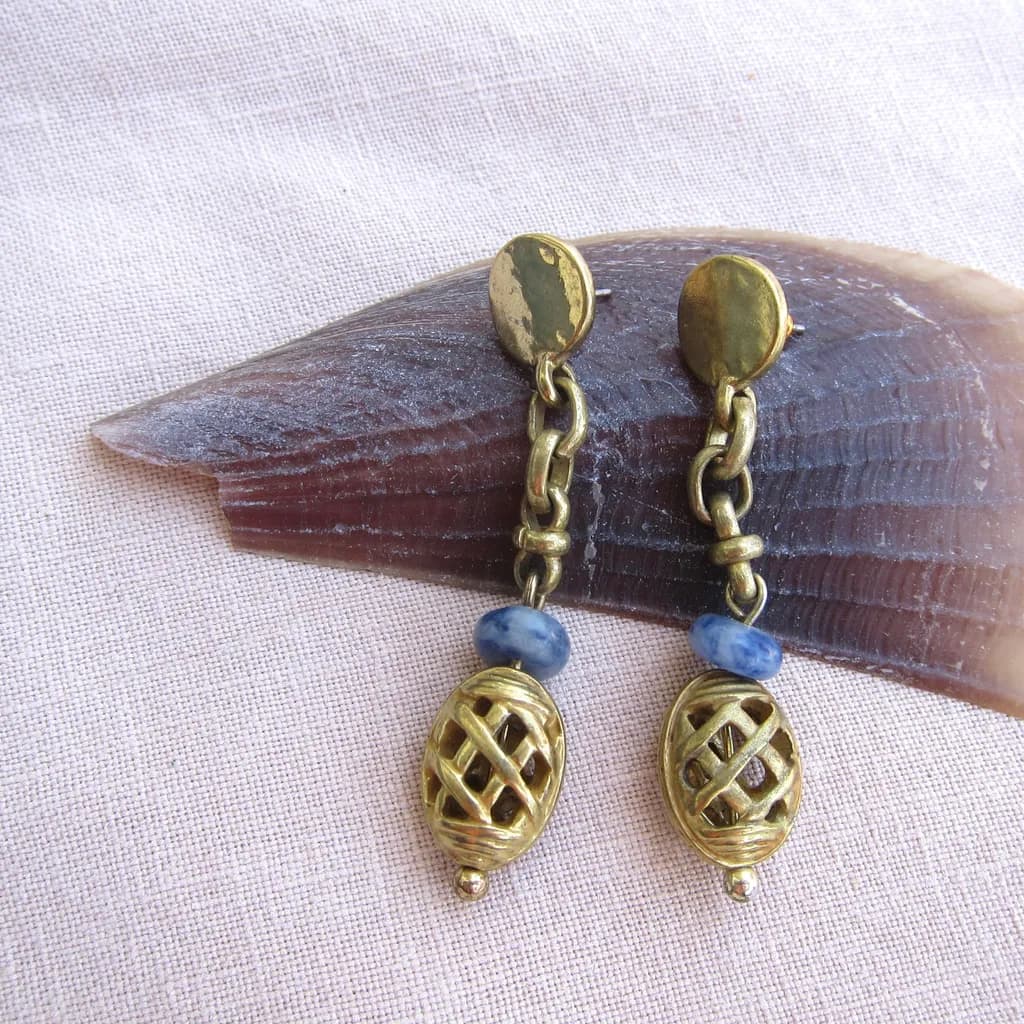 Elegant Brass and Blue Stone Drop Earrings with Intricate Design