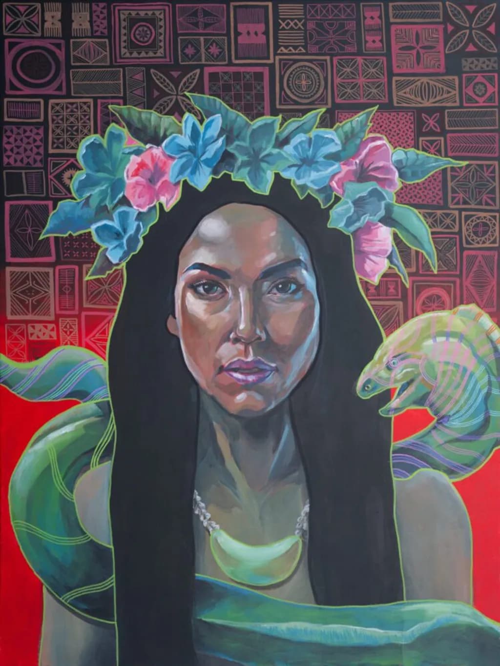 Woman with Snake and Flowers