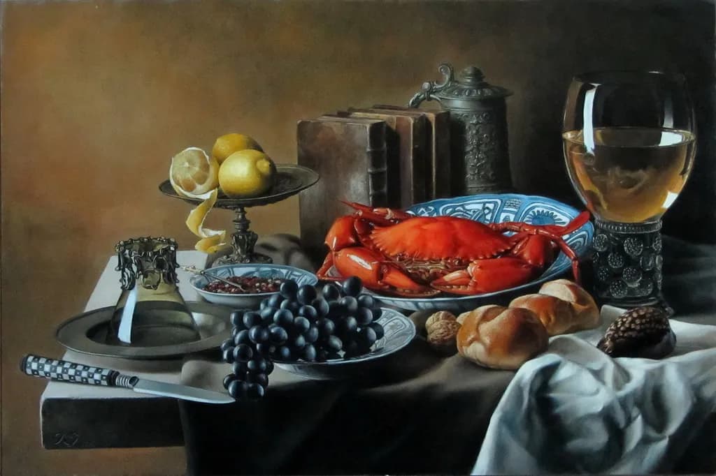 Crimson Feast: A Still-Life Symphony of Seafood and Citrus Elegance