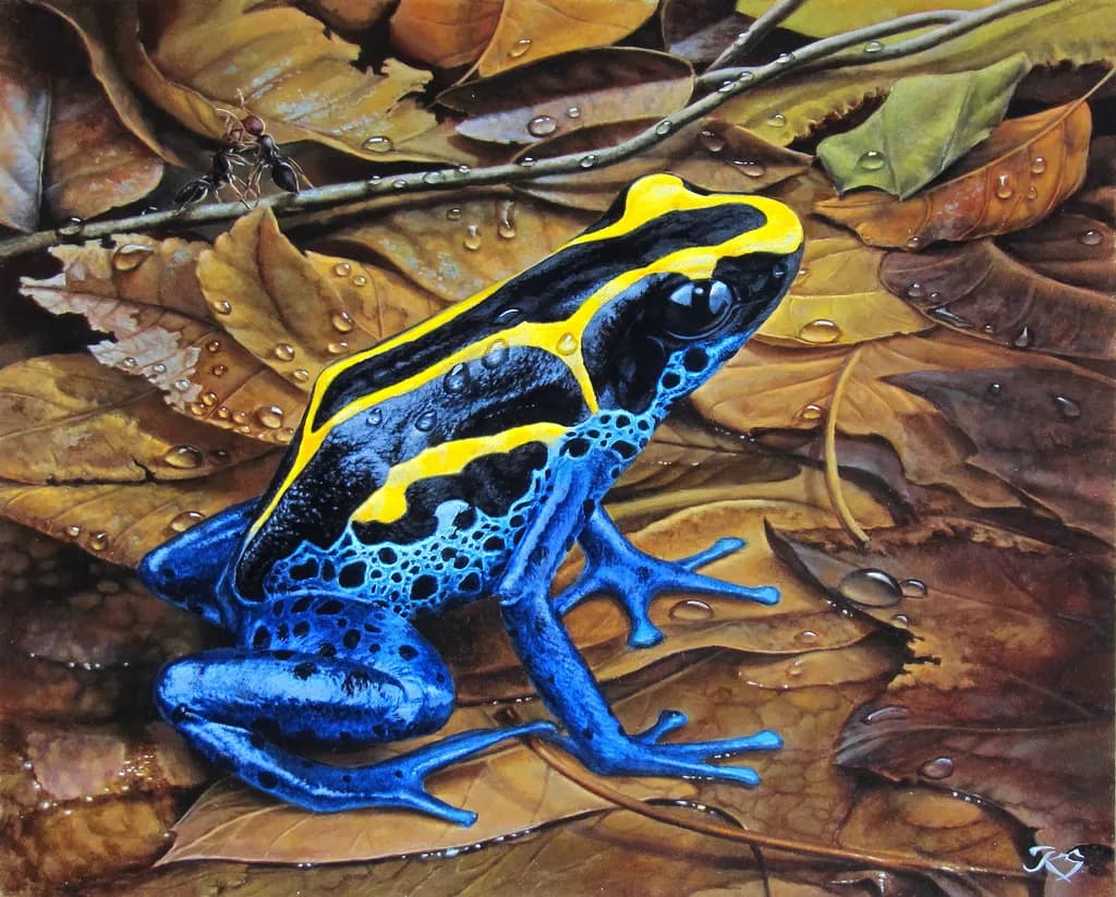 Vibrant Harmony: A Realistic Blue and Yellow Frog Amidst Nature's Leaves