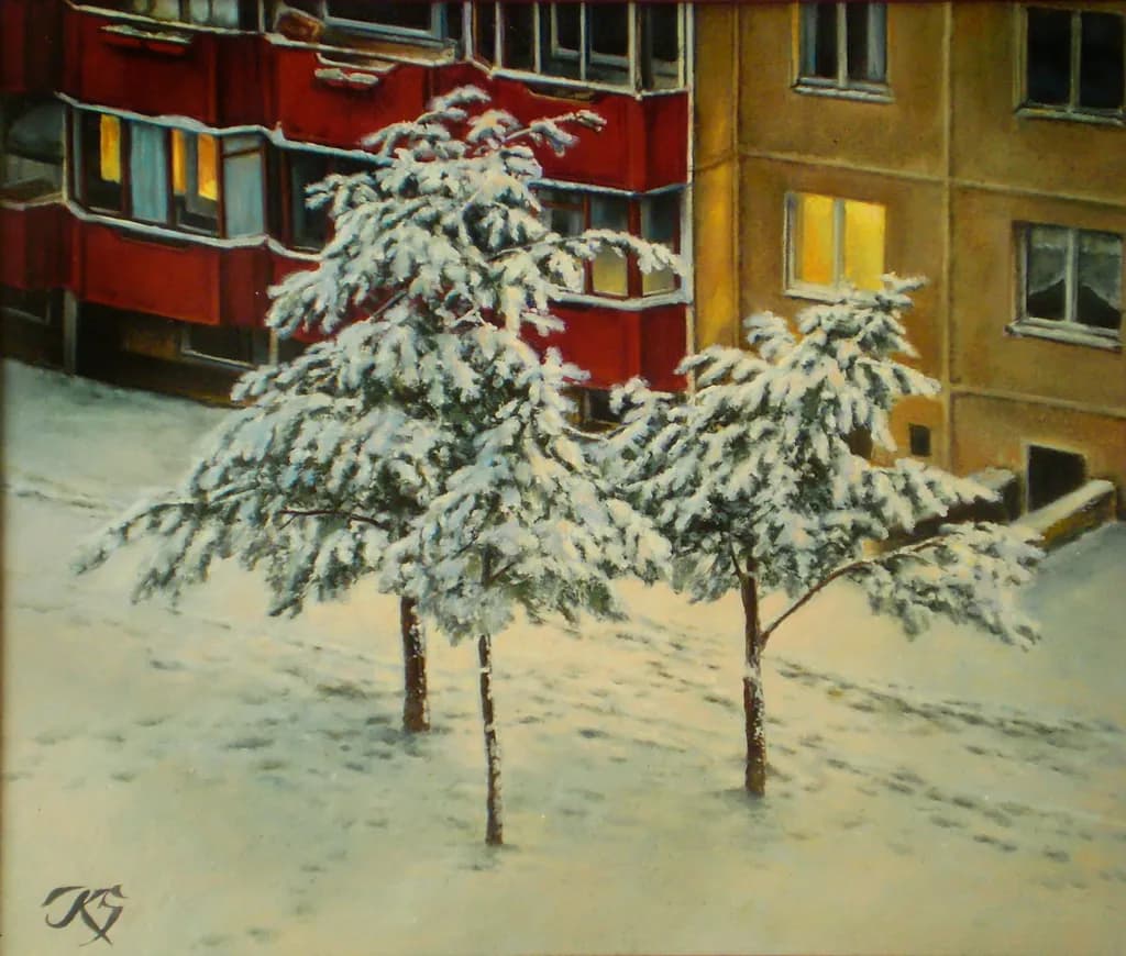 Winter's Embrace: A Serene Urban Nightscape with Snow-Covered Trees and Warm Glowing Windows