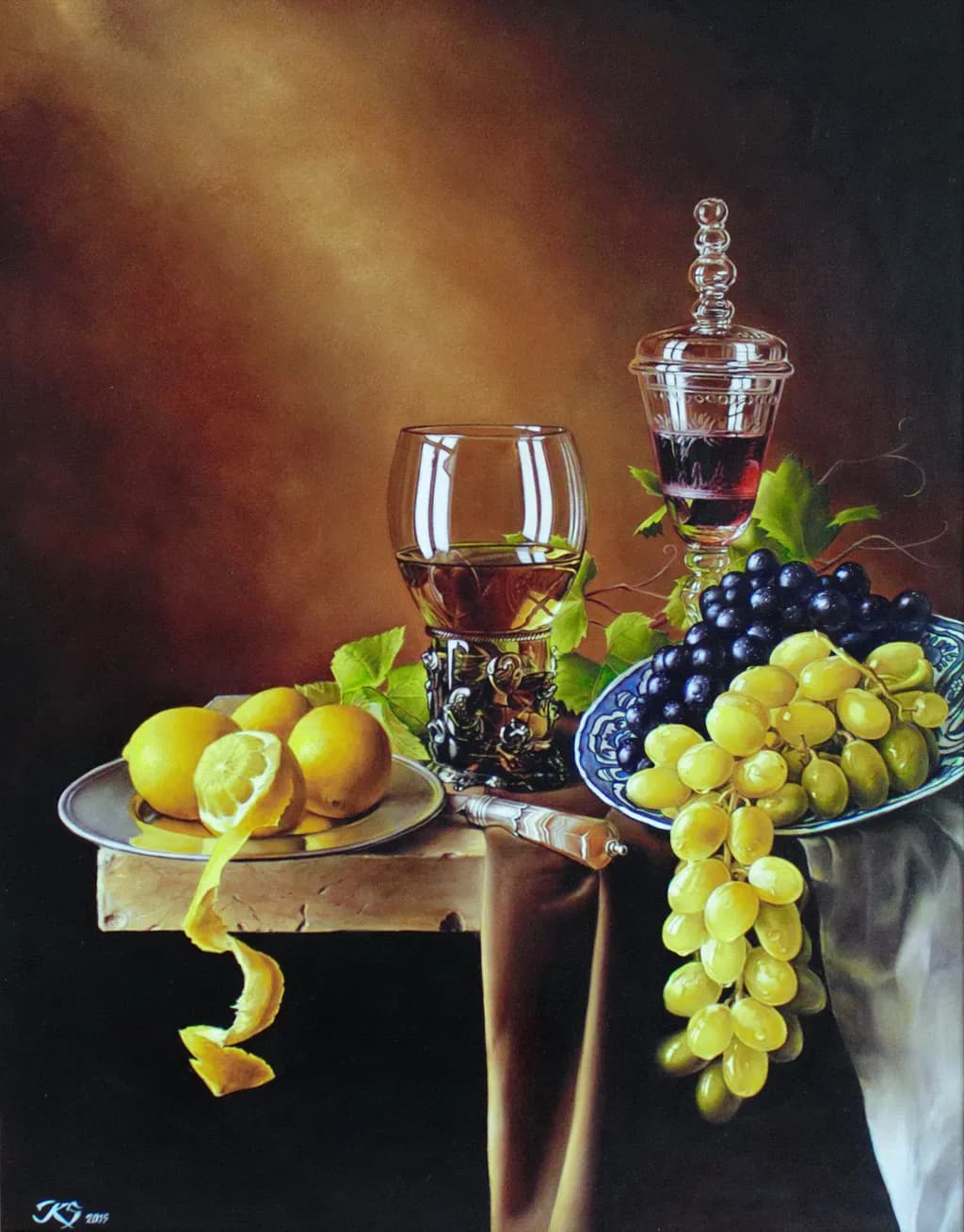 Luminous Harvest: A Still Life of Citrus and Grapes