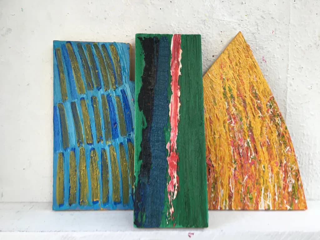 Vibrant Harmony: A Triad of Textured Colorful Panels in Blue, Green, and Gold