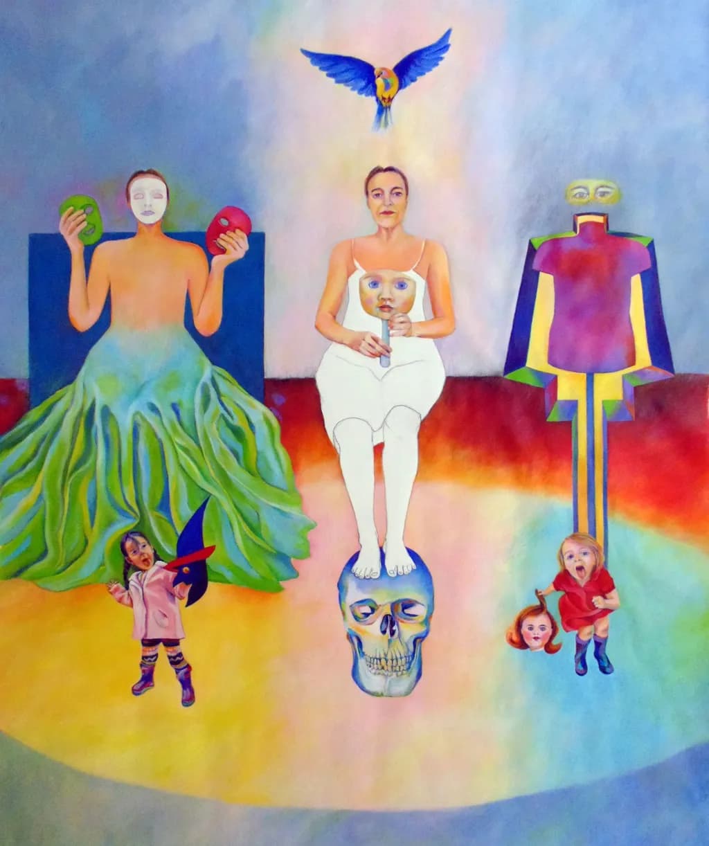 Whispers of Identity: A Surreal Exploration of Masks, Innocence, and Transformation