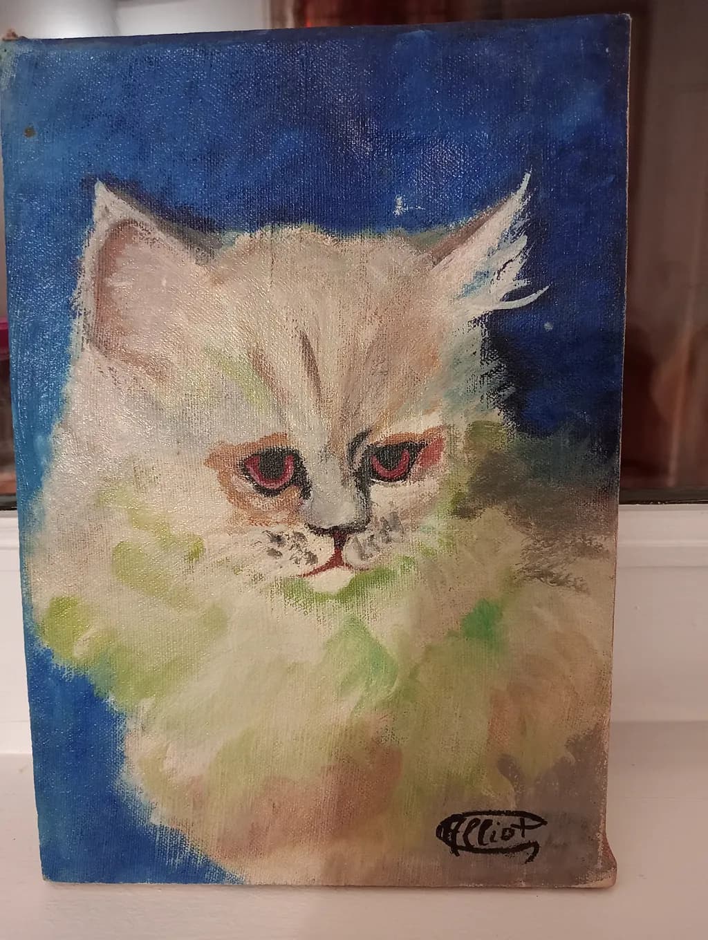 Whimsical Whiskers: A Dreamy Portrait of a Fluffy Feline in Vibrant Blues and Greens