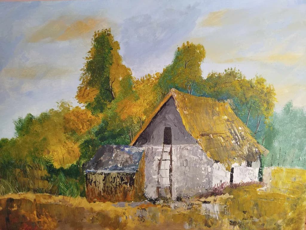 Thatched Cottage in Autumn Trees