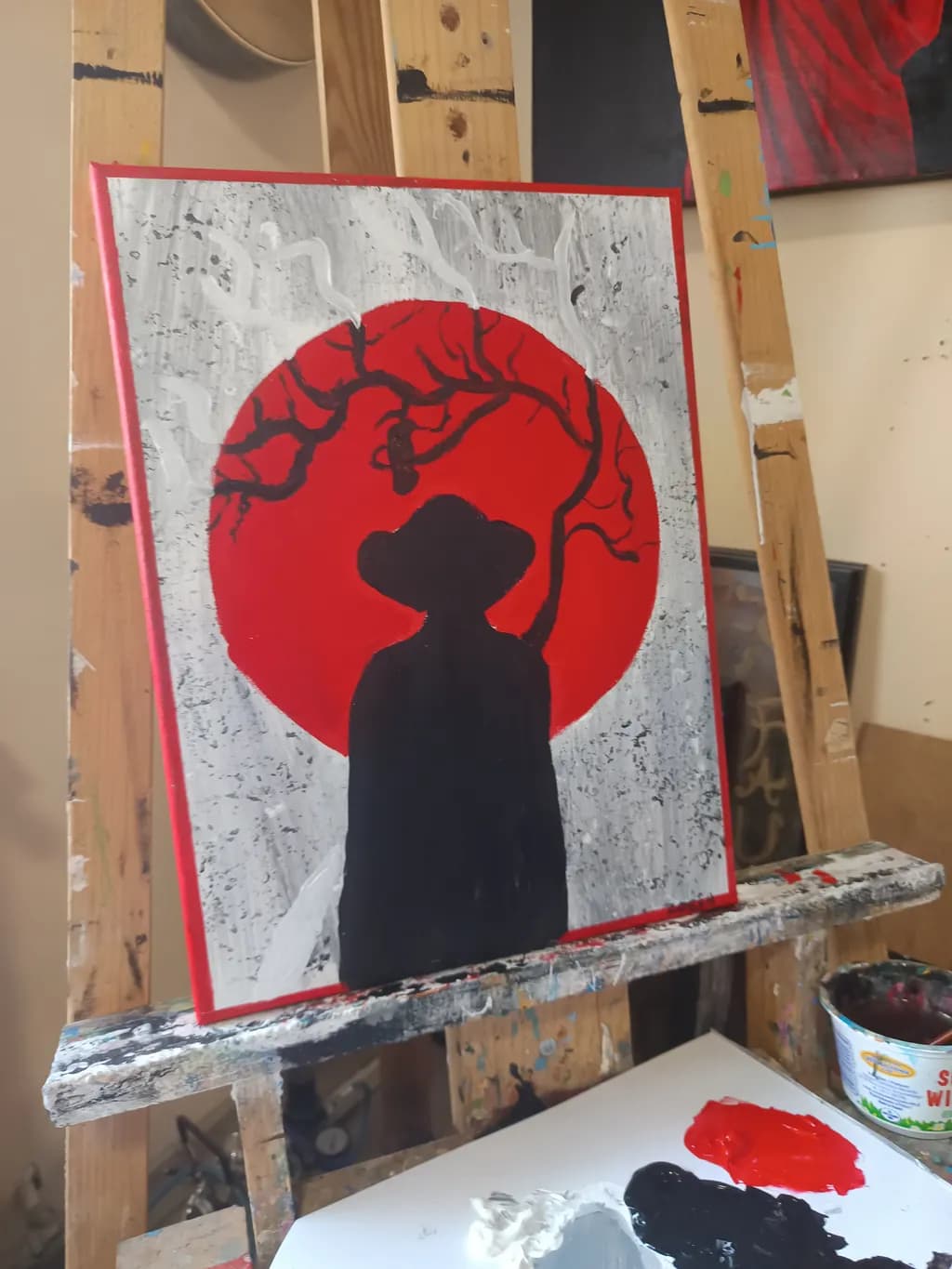 Whispers of the Crimson Moon: A Silhouette in Shadows