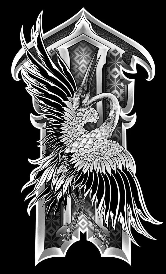 Majestic Crane: A Dance of Elegance and Strength in Monochrome Artistry