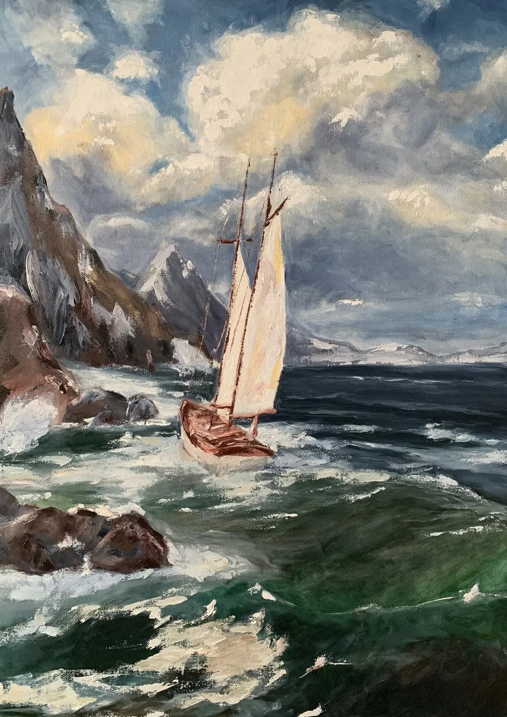 Serenity at Sea: A Sailboat's Journey Through Majestic Waves and Clouds