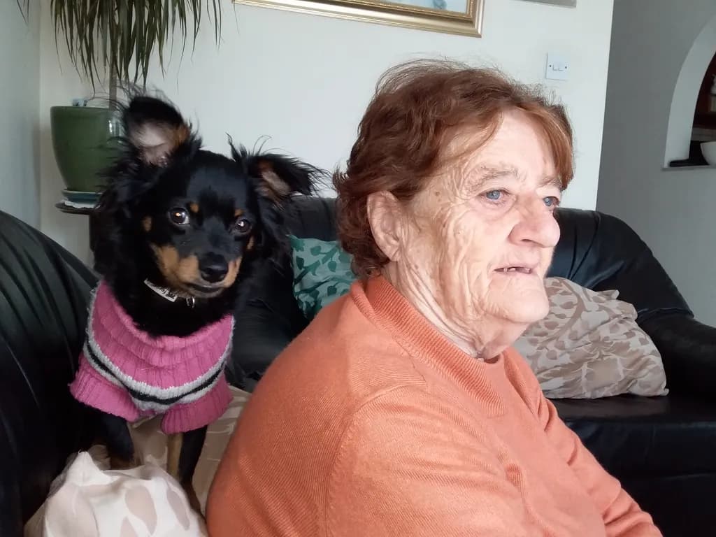 Cozy Companionship: An Elderly Woman and Her Affectionate Dog in a Warm Home Setting