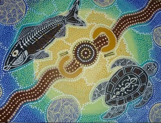 Harmony of Water: A Dance of Fish and Turtle in Aboriginal Art