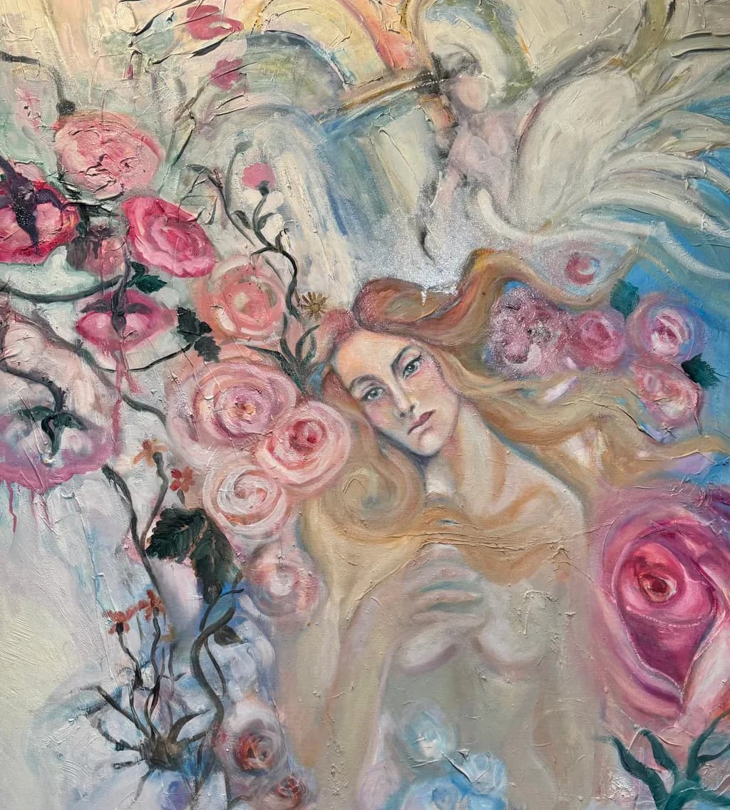 Ethereal Embrace: A Romantic Portrait of Nature's Beauty with Soft Floral Whispers