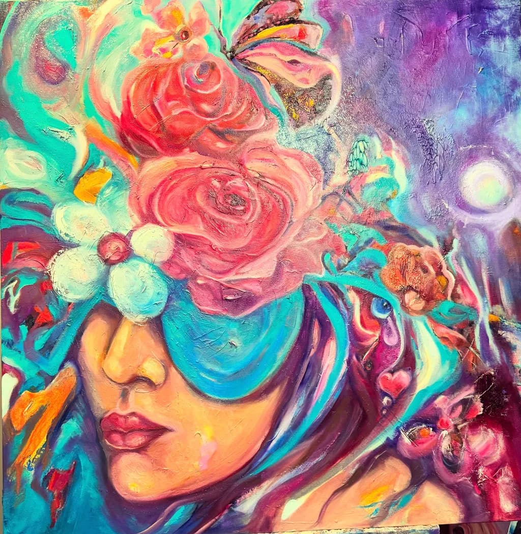 Whimsical Blossoms: A Vibrant Portrait of Color and Emotion