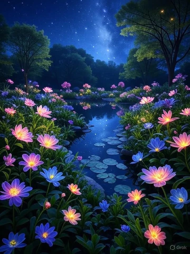 Whispers of the Night: A Serene Floral Reflection Under the Starry Sky