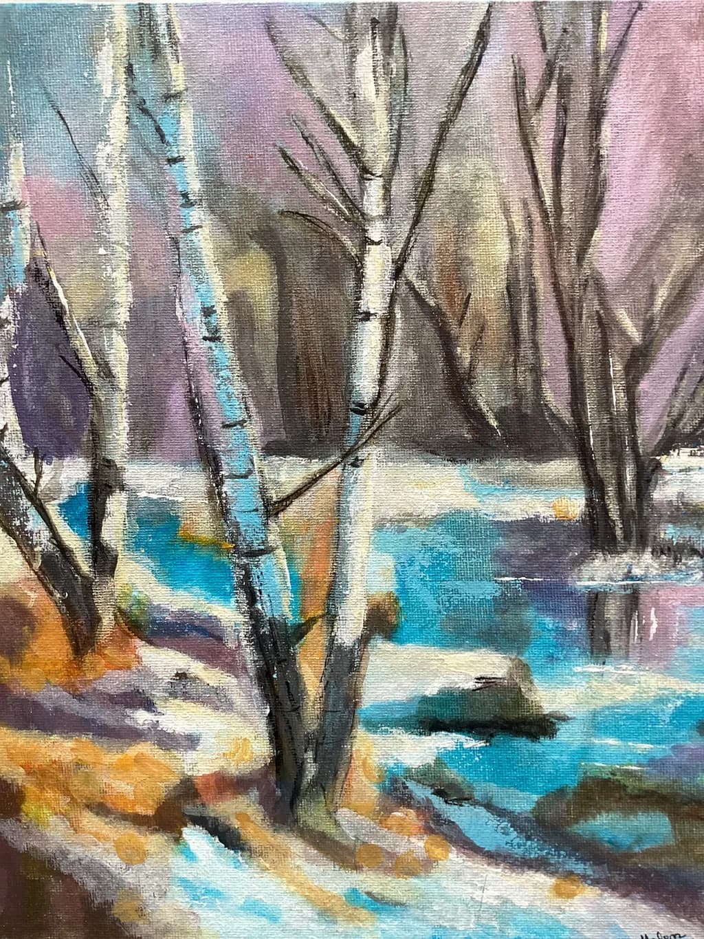 Whispers of Serenity: A Tranquil Landscape of Trees and Water in Harmonious Colors