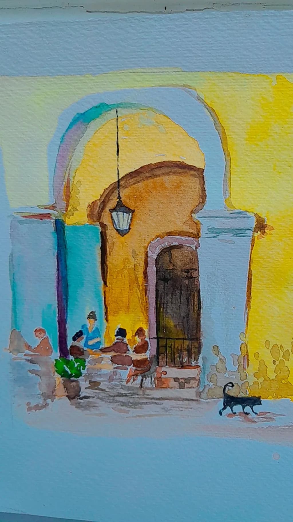 Vibrant Watercolor Escape: A Serene Street Scene of Architecture and Relaxation