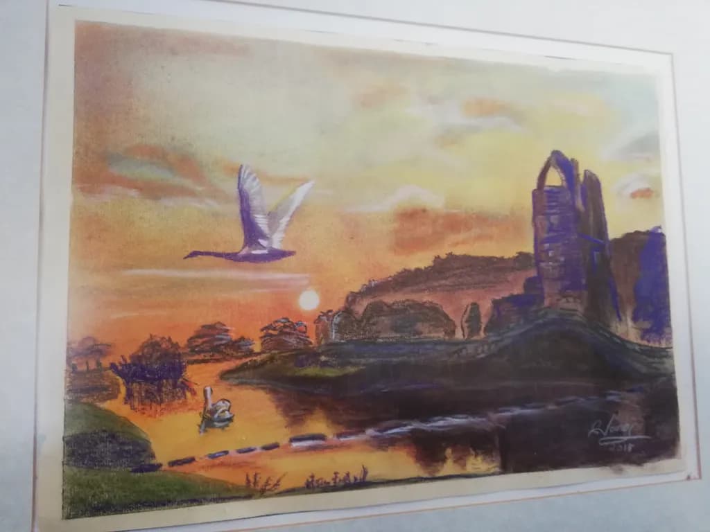 Whispers of Twilight: A Serene Landscape with Graceful Swans and Majestic Ruins