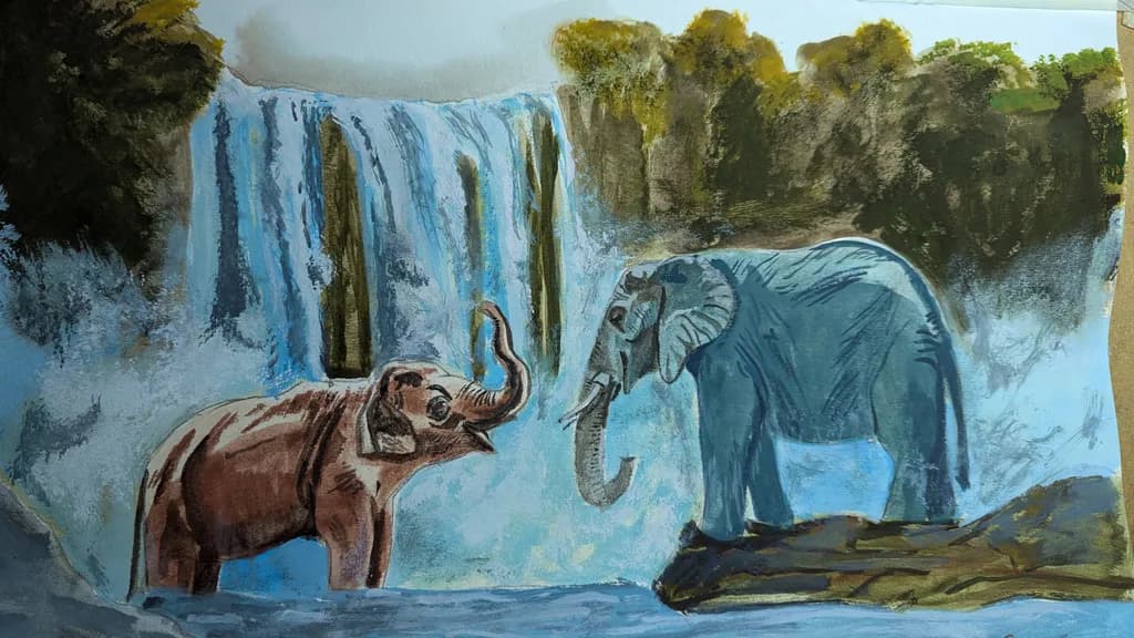 Whispers of the Waterfall: A Serene Encounter Between Two Elephants